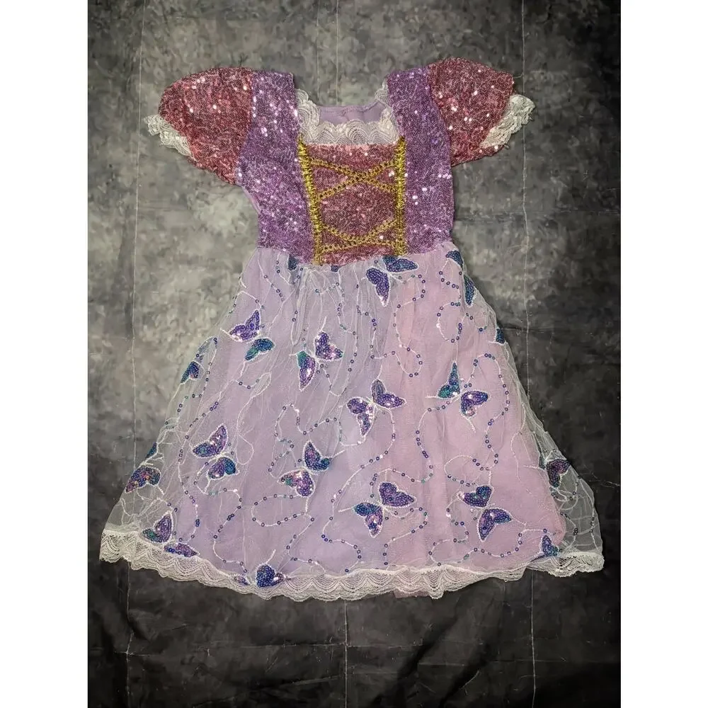 Sequin Butterflies Purple Princess Dress Halloween Costume Cosplay Girls M 5-6